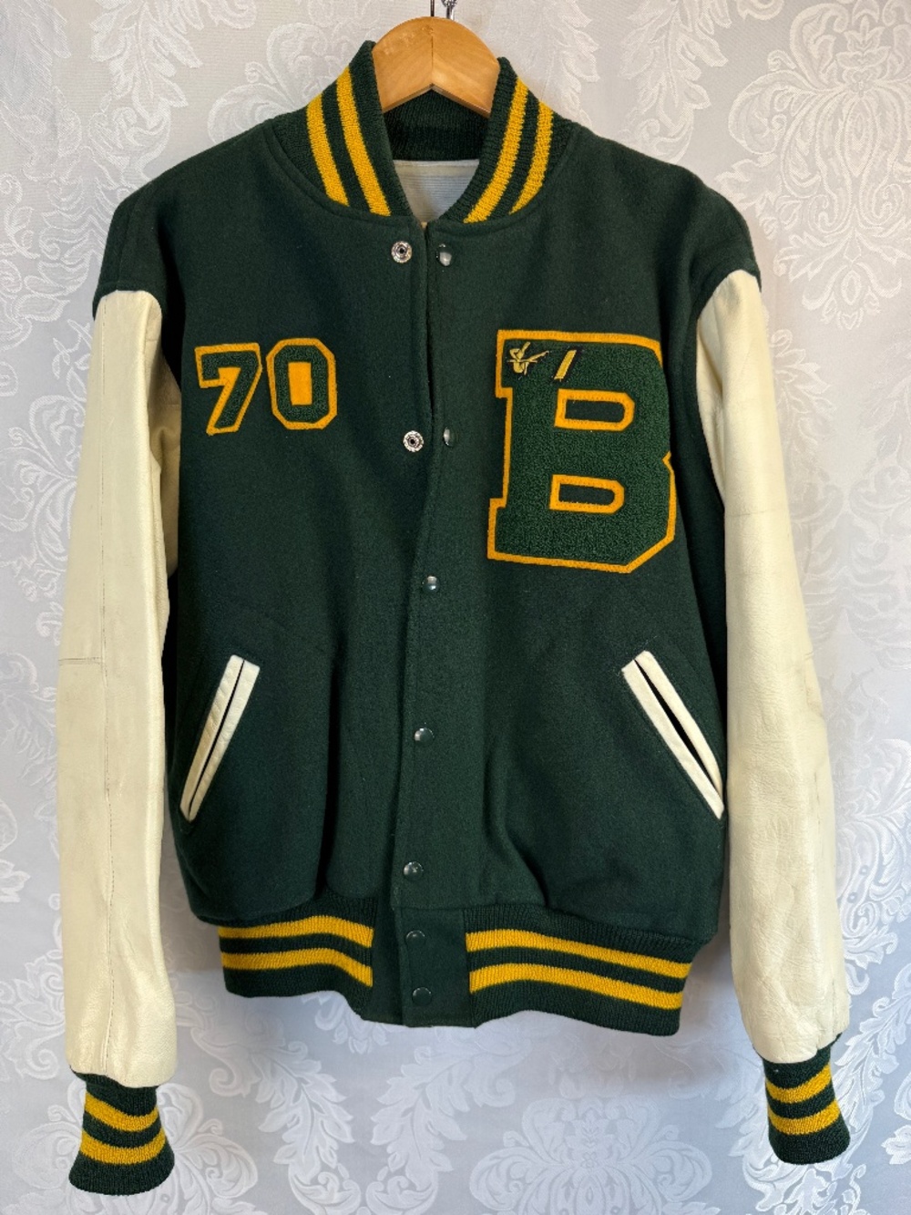 Vintage 1970 Letter Jacket Wool Leather Bear Creek HS Lakewood, CO Size 42 Green